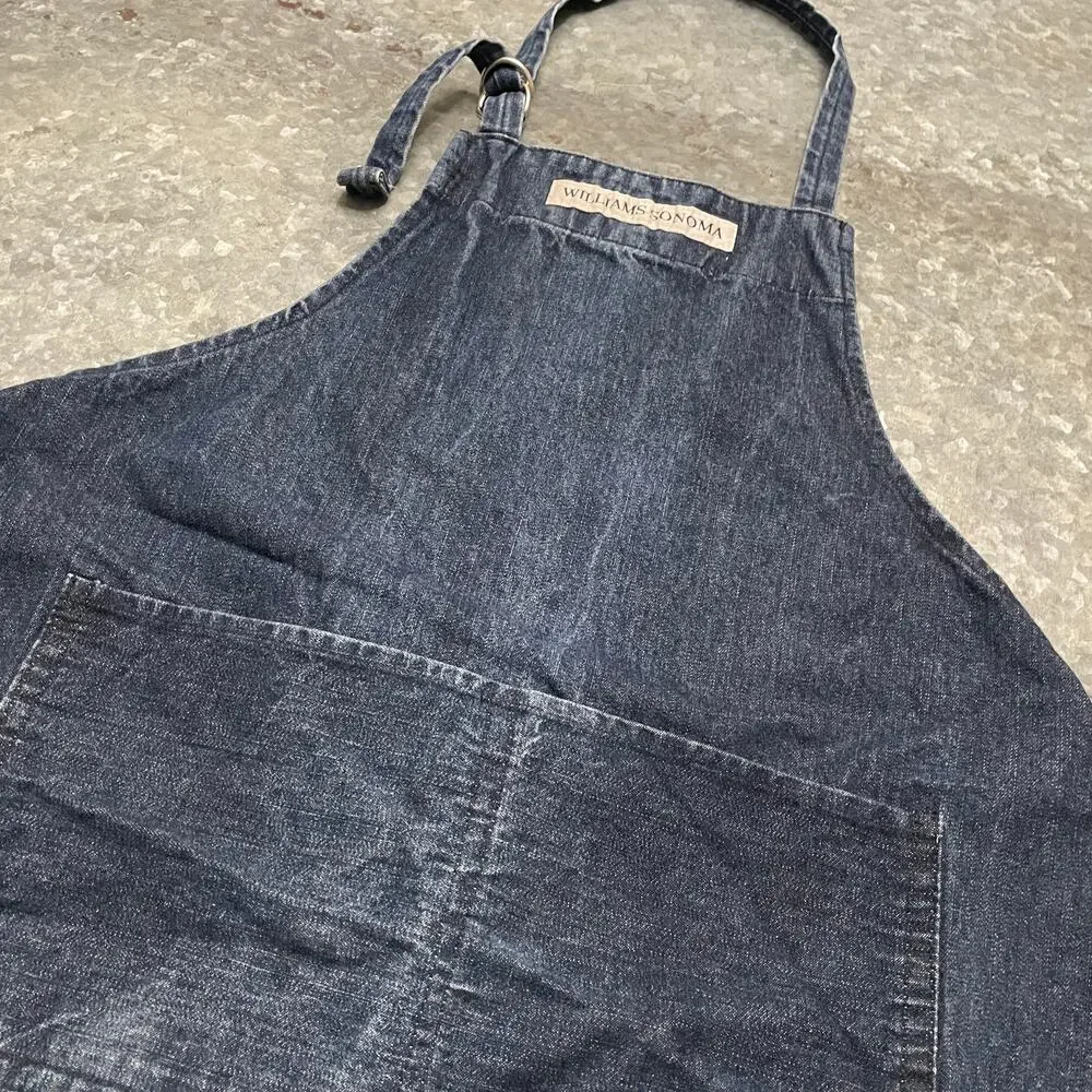 Williams Sonoma Denim Apron Dark Blue 100% Cotton Made in USA Unisex Pockets O/S
